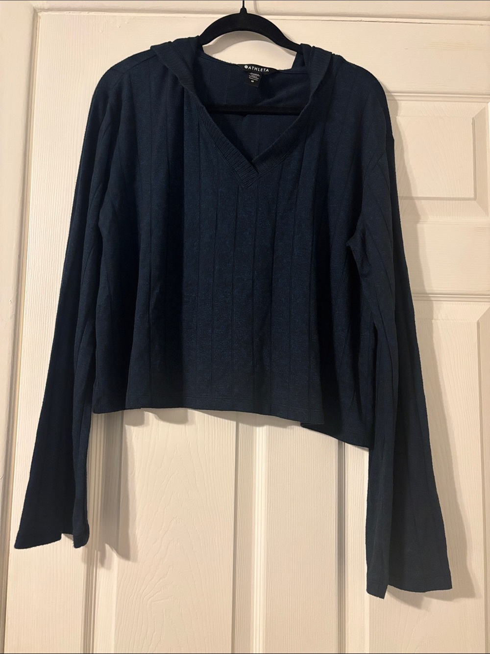 Athleta Deep Navy Ribbed Hooded V-Neck Pullover